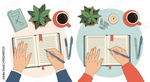 Top view of two hands writing in notebooks with coffee and plants on a desk, productivity and creative work process concept illustration.