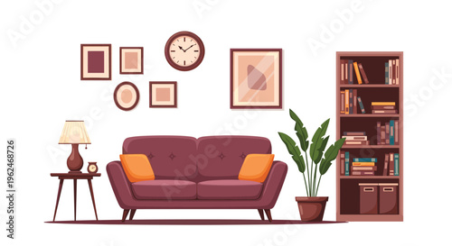 Elegant living room interior with a purple sofa, bookshelf, indoor plants, and framed pictures on the wall, home decor and style concept.