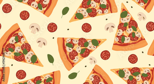 Seamless pattern of delicious pizza slices with pepperoni, mushrooms, and basil leaves on a beige background, fast food texture design.