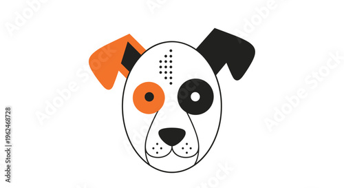 Stylized dog head portrait with geometric shapes and orange and black colors, creative animal logo and pet character design illustration.