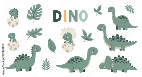 Set of cute dinosaur characters and eggs with tropical leaves, prehistoric animals cartoon collection for nursery and children design.