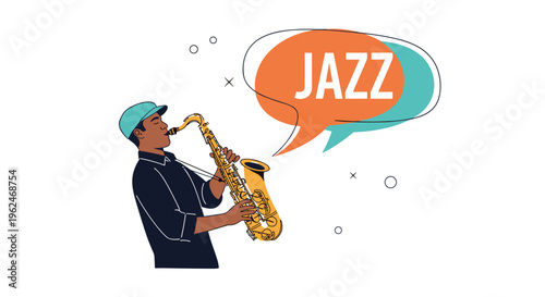 African American man playing a golden saxophone with a speech bubble saying Jazz, musical performance and creative hobby concept illustration.