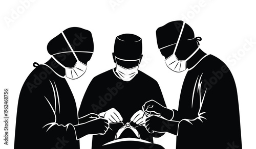 Silhouette of three surgeons in masks and gowns performing surgery