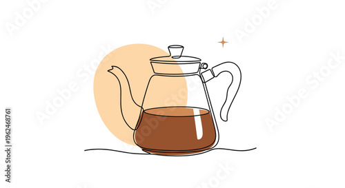 Continuous line drawing of a glass teapot with tea inside, simple and elegant kitchenware illustration with a warm orange circle background.