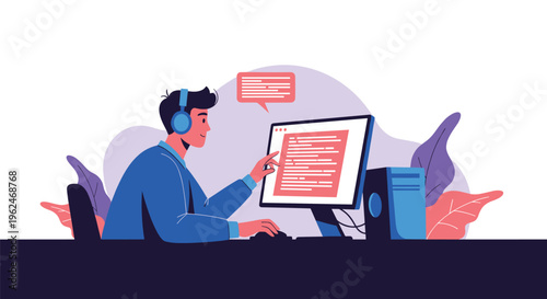 Software developer working on a computer at a desk with headphones, coding and programming concept illustration with colorful leaf accents.