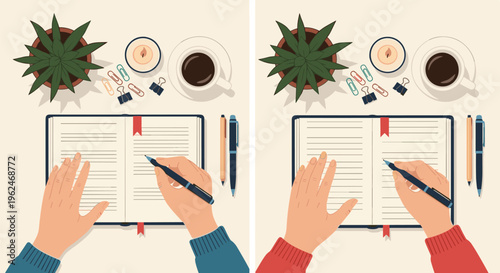 Top view comparison of hands writing in a journal on two different desk setups with coffee, plants, and pens, workspace organization.