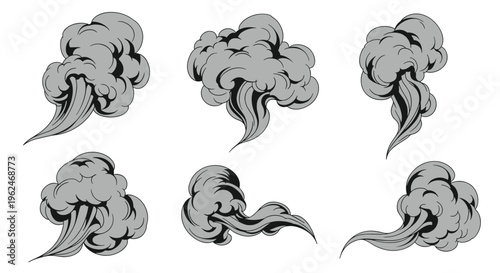 Collection of stylized grey smoke and steam clouds in cartoon comic style isolated on a plain white background for design and animation projects.