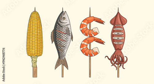 Four different grilled food items on skewers including corn, fish, shrimp, and squid, barbecue and street food concept illustration.