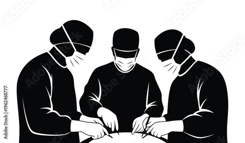 Silhouette of three surgeons in masks and gowns performing surgery