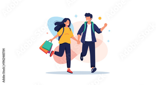 Happy young couple running together holding hands while carrying colorful shopping bags and wearing backpacks for a trip or a shopping adventure.