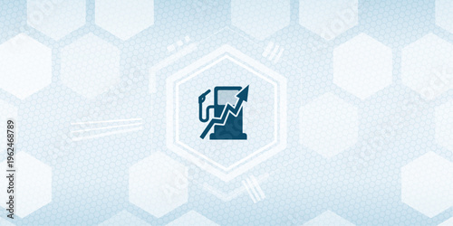 Gas station pump with rising arrow and hexagon background blue abstract business growth vector
