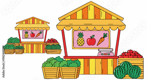 Outdoor farmers market stall vector, colorful fruit and vegetable stand with striped awning, local grocery marketplace illustration for food business
