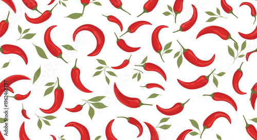 Vibrant seamless pattern of spicy red chili peppers and fresh green leaves scattered over a clean white background for kitchen and food branding.