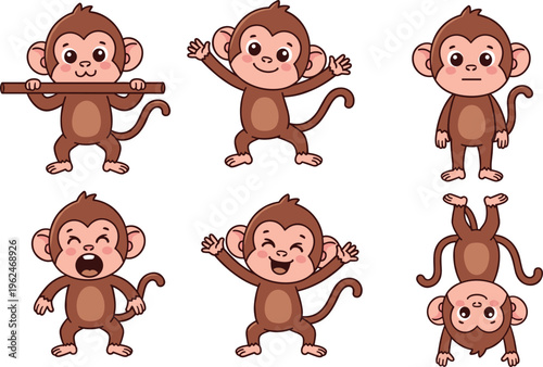 Cute Monkey Vector Set Featuring Playful Cartoon Monkeys Hanging, Smiling, Upside Down, and Expressing Emotions Adorable Wildlife Illustration Collection