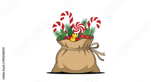 Festive burlap sack overflowing with red and white candy canes, green pine branches, and bright red berries for traditional Christmas decoration.