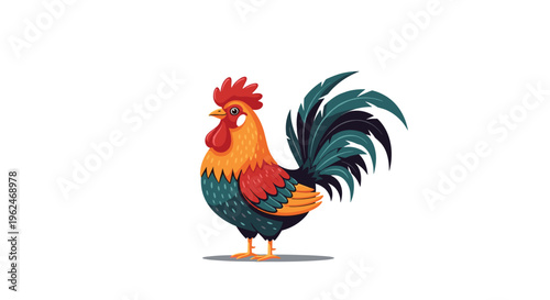 Vibrant cartoon rooster with orange, red, and blue feathers standing confidently on a plain white background for farm and agriculture themes.