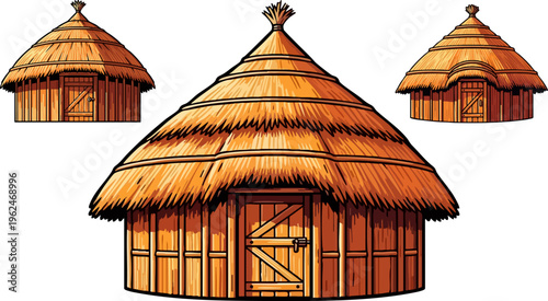 Traditional African round huts with thatched roofs, set of 3 tribal village dwellings, rustic wooden cabin vector illustrations for cultural design