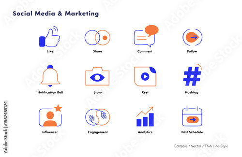 Social Media Marketing Icons – Instagram, Facebook, YouTube, TikTok, Like, Share Flat Vector Set