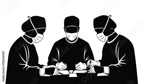 Silhouette of three medical professionals in surgical masks and scrubs