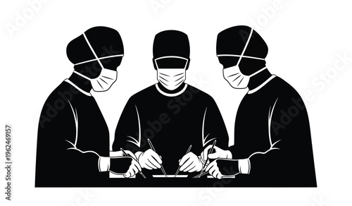 Silhouette of three medical professionals in surgical masks and scrubs