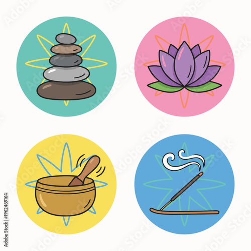 Set of four circular icons representing wellness and meditation.