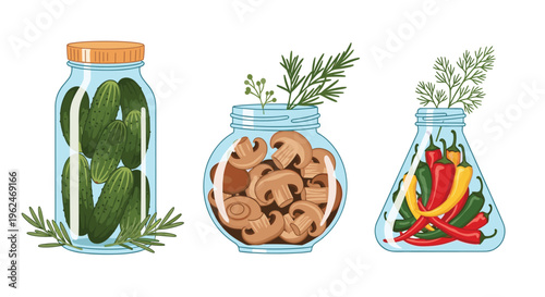 Set of three glass jars filled with preserved pickles, sliced mushrooms, and colorful spicy peppers for traditional winter food storage ideas.