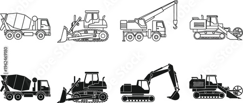 heavy construction machinery and agricultural vehicles. Concrete mixer truck, bulldozer, mobile crane, and excavator. 