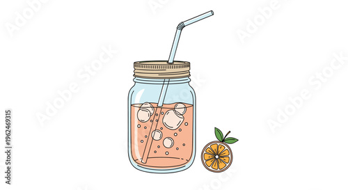 Refreshing orange juice with ice cubes and a straw served in a glass mason jar next to a small orange fruit slice.