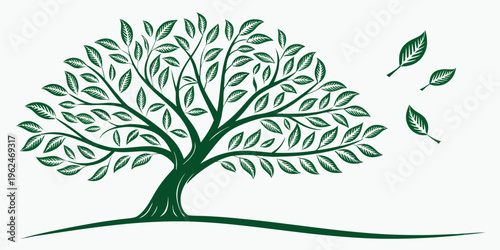 A vibrant green tree with leaves falling, symbolizing nature and change.