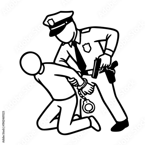 Police Officer Arresting Suspect Illustration, Law Enforcement Handcuffing Criminal Line Art Vector