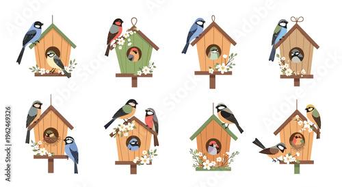 Collection of colorful wooden birdhouses adorned with spring flowers and various small birds perched on their roofs or inside.