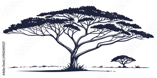 A majestic acacia tree standing tall in the savanna with a lone giraffe nearby