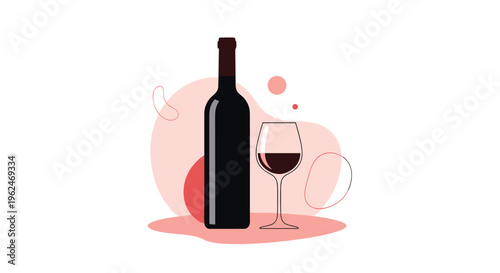 Elegant dark wine bottle and a partially filled glass of red wine positioned against a background of soft pink abstract shapes.