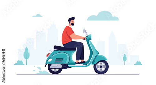 Stylish bearded man riding a turquoise motor scooter through a minimalist city landscape with buildings and clouds in the back.