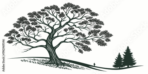 A majestic tree stands tall in a serene forest landscape with a person walking nearby.