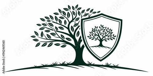 A majestic tree stands tall behind a shield with a similar tree design.