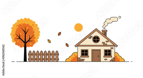 Cozy small house in an autumn setting with a yellow tree, falling leaves, a wooden fence, and smoke coming from the chimney.