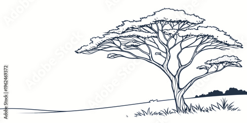 A large tree stands alone on a grassy plain with a distant horizon