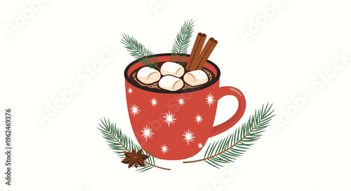 Red festive mug filled with hot chocolate and topped with marshmallows and cinnamon sticks, surrounded by pine branches.