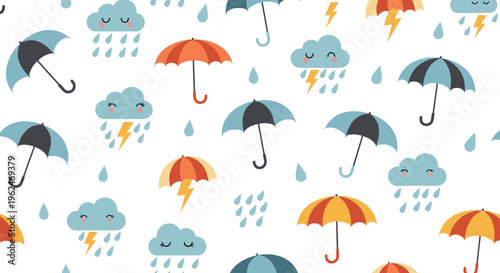 Seamless weather pattern with cute clouds, raindrops, lightning bolts, and colorful umbrellas on a white background for kids.