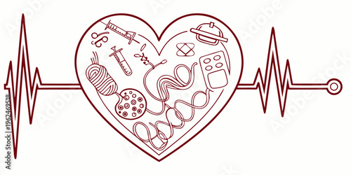 A heart-shaped illustration filled with various food items and a heartbeat line