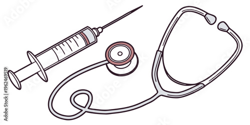 Medical equipment including a stethoscope and syringe on a white background