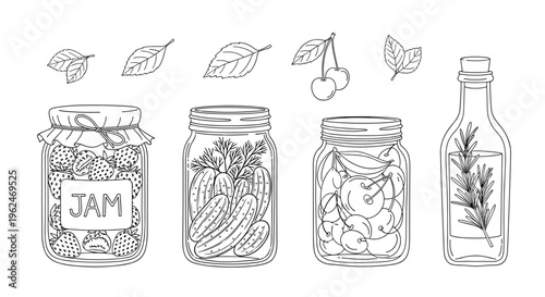 Group of glass jars containing strawberry jam, pickles, and cherries, plus a bottle of infused oil in a line art style.