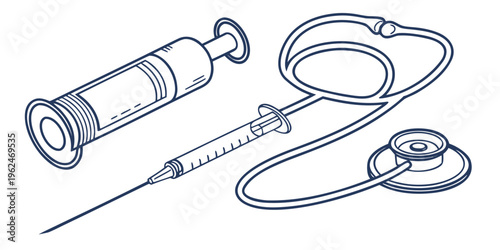 Medical equipment including a stethoscope and a syringe on a white background