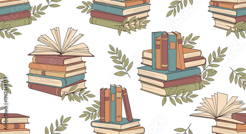 Seamless pattern showcasing various stacks of books and open books intertwined with green leafy branches on white.