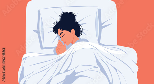 Young woman with dark hair peacefully sleeping in a bed with white pillows and blankets against an orange wall.