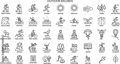 Outdoor wellness activities are represented by monochrome line icons showing hiking, cycling, water sports, and nature exploration.
