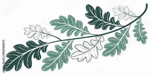 A detailed illustration of a single leafy branch with intricate details and shading