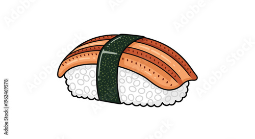Detailed illustration of unagi nigiri sushi featuring a slice of grilled eel over rice wrapped with a thin strip of dried seaweed.