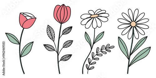 A delightful illustration of four flowers and a leaf in a charming line art style